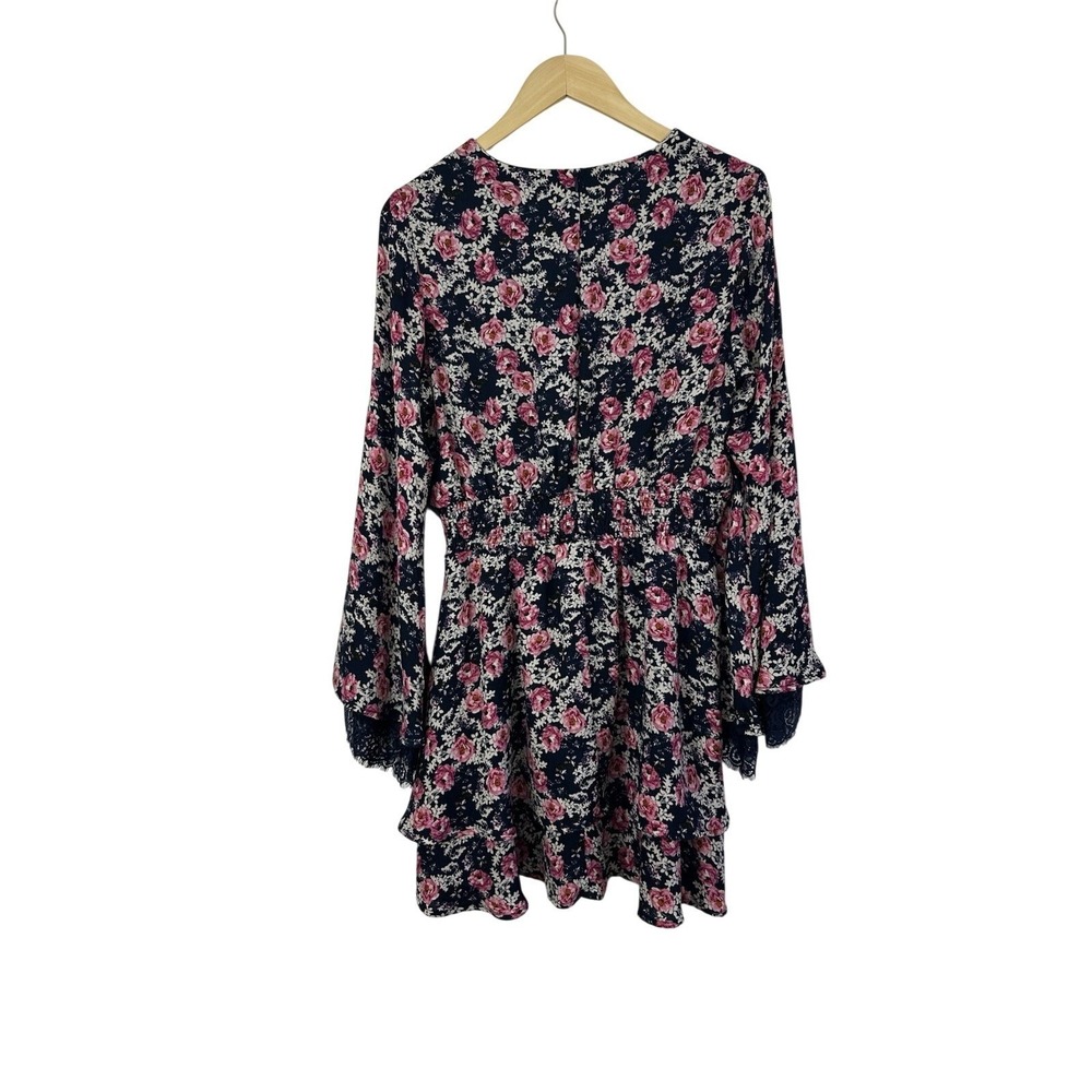 Altar'd State Floral Dress Womens Large Navy Pink Bell Sleeve Smocked Lace Boho - Picture 3 of 10